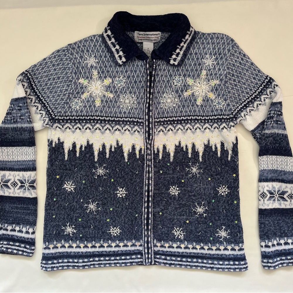 Tiara International Navy Blue & White Snowflake Zip-Up Sweater